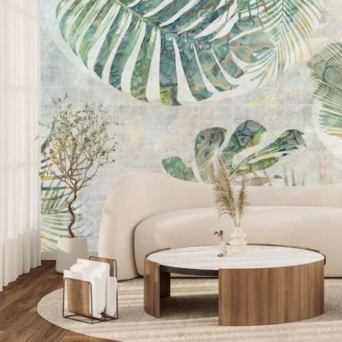 Papier peint  Feuilles tropicales sur un fond style grunge