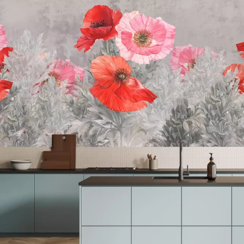 Papier peint  Fleurs de pavot rouges juteuses dans une clairière