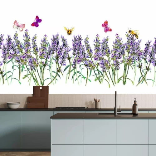 Papier peint  Lavande avec papillons et abeilles sur fond blanc