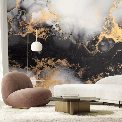 Papier peint  Aquarelle marbrée de couleur noire et or
