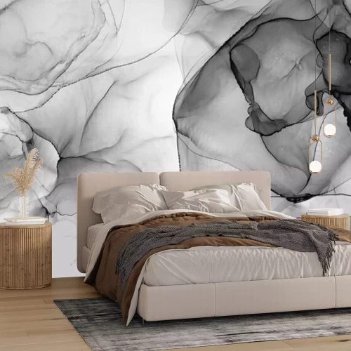 Papier peint  Abstraction marbrée noir et blanc avec effet d'encre