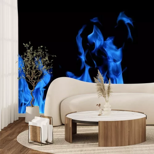 Papier peint  Flammes dans des tons bleus sur fond noir