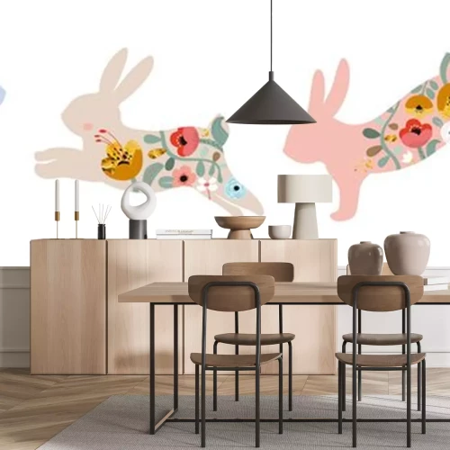 Sticker  Silhouettes de lapins de différentes couleurs avec des fleurs