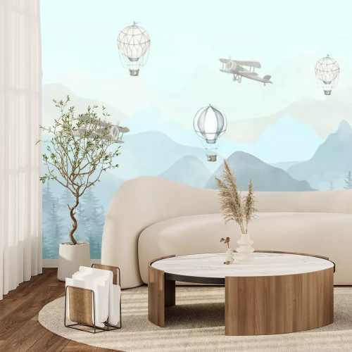 Papier peint  Illustration of flying planes and balloons with a blue background. Slightly misty forest and high mountains. Kids wallpaper style.