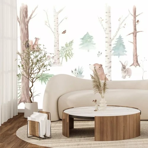 Papier peint  Watercolor set Forest Animals and Trees, watercolor woodland, bear, squirrel, sparrow, fox, rabbit, snail, hedgehog, Christmas tree, stump, for nursery, wallpaper, wall decor, stickers