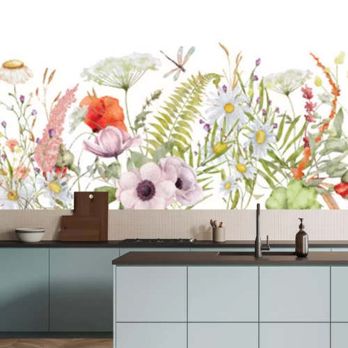 Papier peint  Fleurs sauvages colorées sur fond blanc