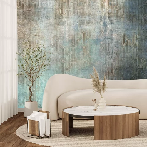 Papier peint  Grunge photo wallpaper with golden abstract elements on concrete background. Illustration for wallpaper, fresco, mural.