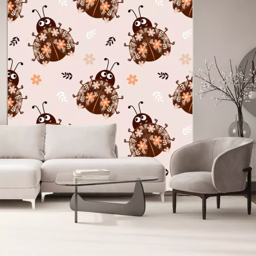 Sticker  Coccinelles joyeuses abstraites et fleurs