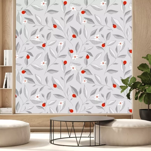 Sticker  Motif coccinelles sur fond gris feuillu