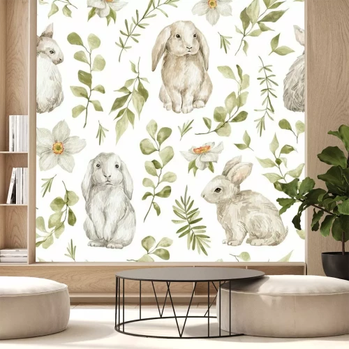 Sticker  Motif avec des lapins au milieu de feuilles version aquarelle