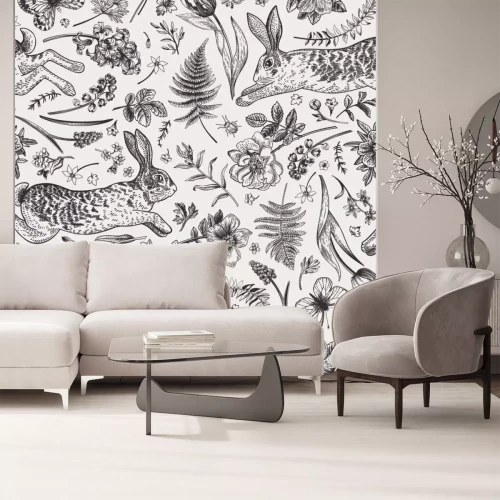 Sticker  Motif vintage avec des lapins au milieu de fleurs des champs