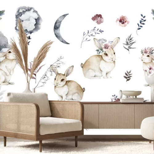 Sticker  Lapins et plantes aquarellés sur un fond blanc