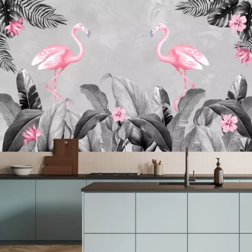 Papier peint  Flamants roses et feuilles tropicales grises