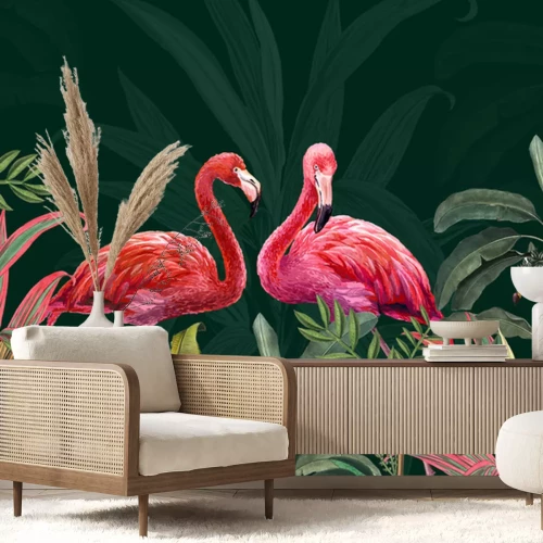Sticker  Deux flamants roses dans des fourrés vert foncé