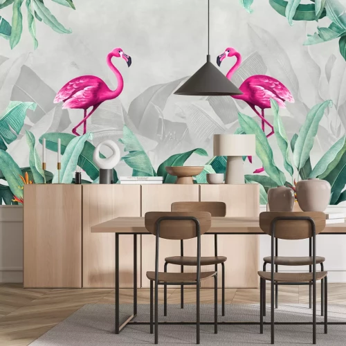 Papier peint  Flamants roses et plantes tropicales