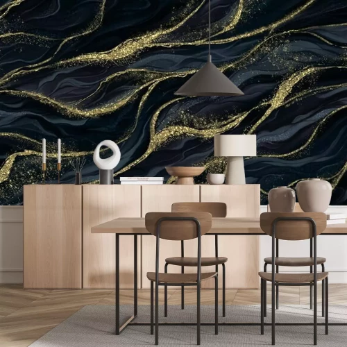 Papier peint  Lignes ondulées dorées sur fond sombre un motif élégant