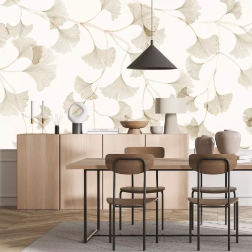 Papier peint  Brindilles avec des feuilles de ginkgo sur fond clair