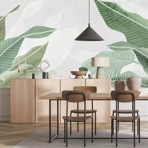 Papier peint  Feuilles de palmier vertes sur un fond texturé clair