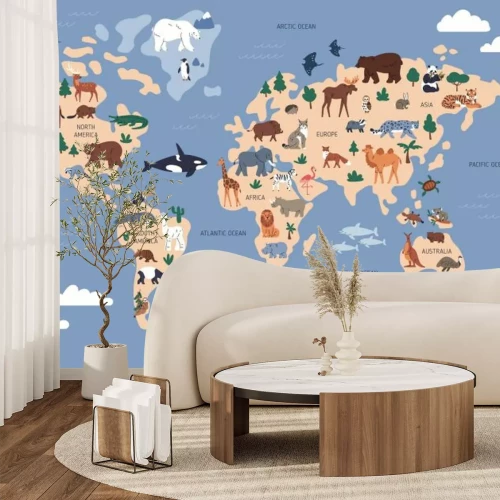 Papier peint  Carte du monde avec poissons et animaux motif pour enfants