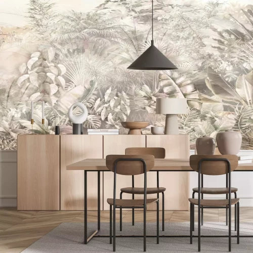 Papier peint  Arbres et feuilles tropicaux dans une forêt brumeuse