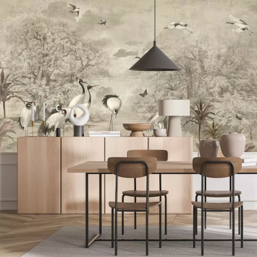 Papier peint  Wallpaper Jungle Tropical Forest Palm tree Birds Vintage Painting old