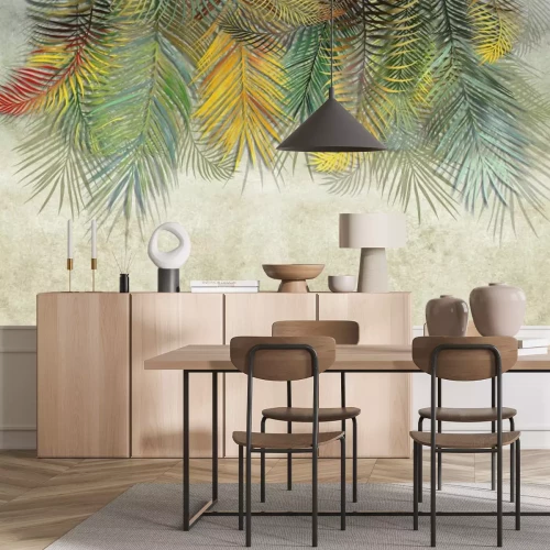 Papier peint  Feuilles tropicales colorées suspendues sur fond texturé