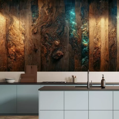 Papier peint  Background of old wood with epoxy resin in blue. wooden table top with blue epoxy, old boards, wood patterns, old dark wood background. 3D illustration.