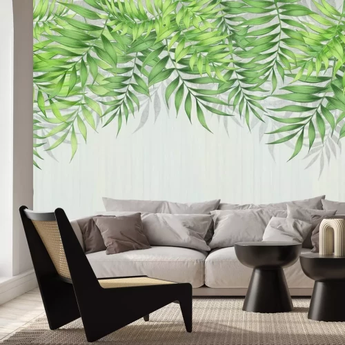 Papier peint  Feuilles tropicales vertes suspendues au-dessus
