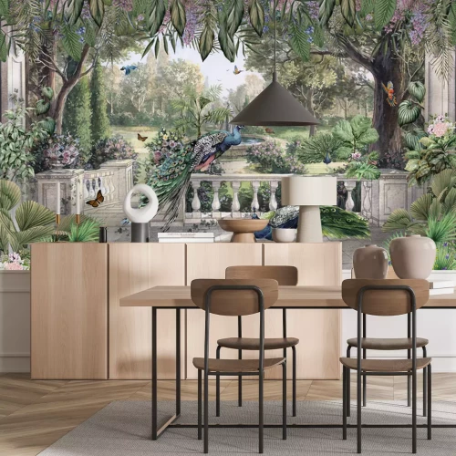 Papier peint  De beaux paons dans un jardin tropical