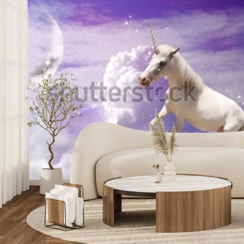 Papier peint  Magic unicorn in fantastic sky with fluffy clouds and crescent 
