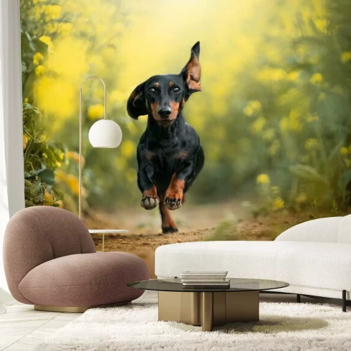 Papier peint  Teckel heureux courant dans un champ de fleurs jaunes