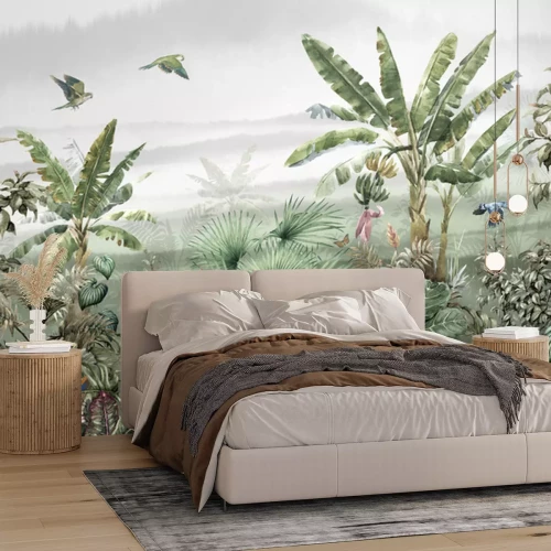 Papier peint  Oiseaux dans une jungle tropicale sur fond de paysage brumeux