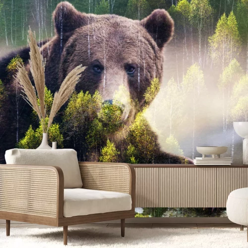 Papier peint  Ours brun et arbres verts