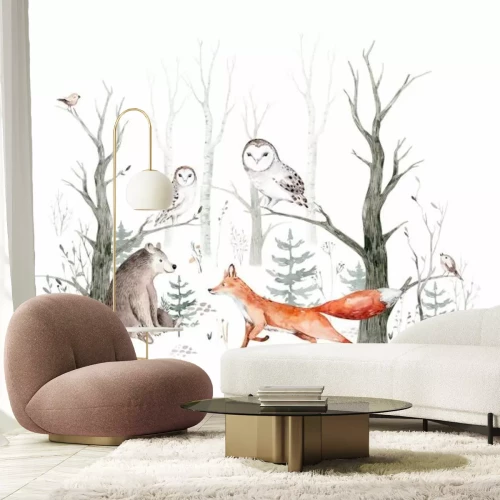 Papier peint  Renard ourson et hiboux dans une forêt en aquarelle