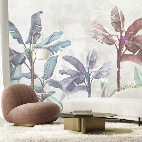 Papier peint  Tropical trees wallpaper design, banana leaf, landscape, pastel tones, mural art.