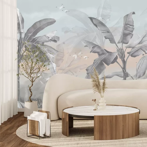 Papier peint  Jungle avec des oiseaux et des palmiers