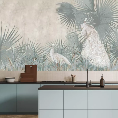 Papier peint  Graphic illustration of a peacocks and leaves. Design for interior project, wallpaper, photo wallpaper, mural, poster, home decor, card, packaging!