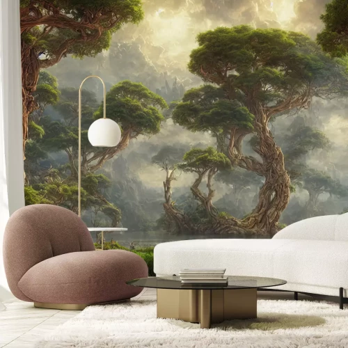 Papier peint  Beautiful fantasy land with lake and giant trees