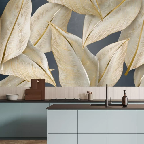Papier peint  Grandes feuilles 3D avec de l'or dans un style glamour