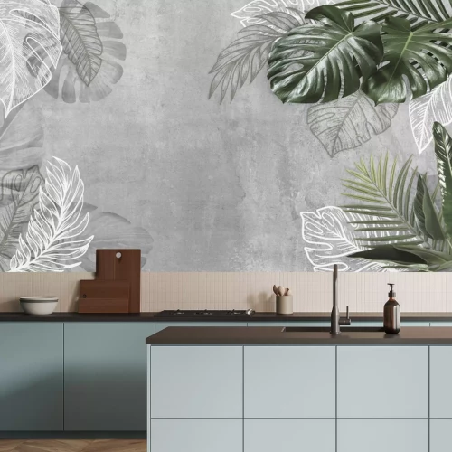 Papier peint  Tropical leaves on grey cement background. Material for advertising and creativity. Monstera Leaves. 3d illustration. Banner With Copy Space