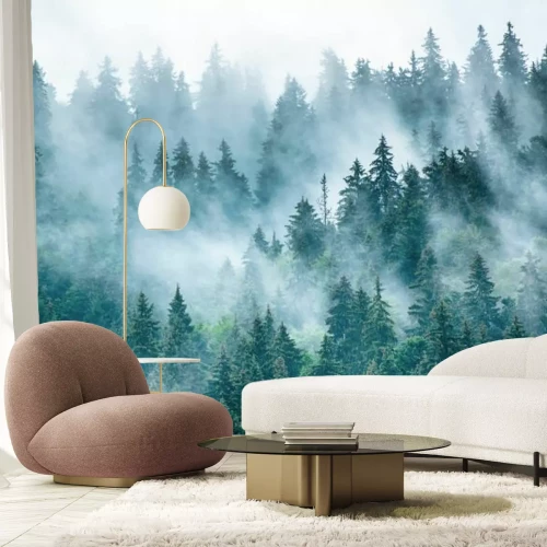 Papier peint  Paysage brumeux avec une forêt sur des collines