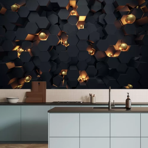 Papier peint  Abstract 3D Dark hexagon wallpaper or background with golden sphere lightened 