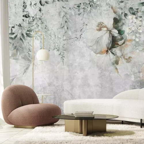 Papier peint  Fleurs délicates sur fond de béton gris