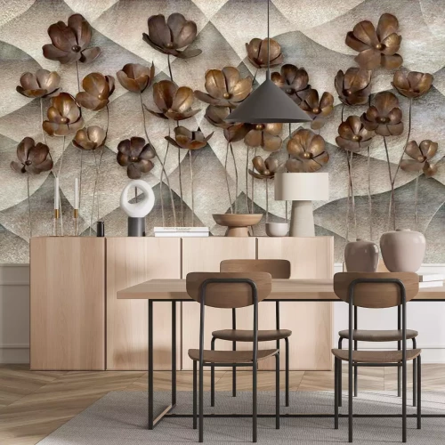 Papier peint  Fleurs 3D marron sur fond de béton