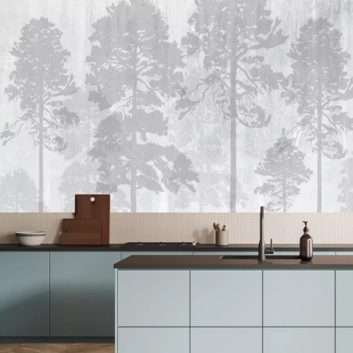 Papier peint  Photo wallpapers for the interior. Wall decor in grunge style. The forest is in a fog. A fresco depicting a forest.