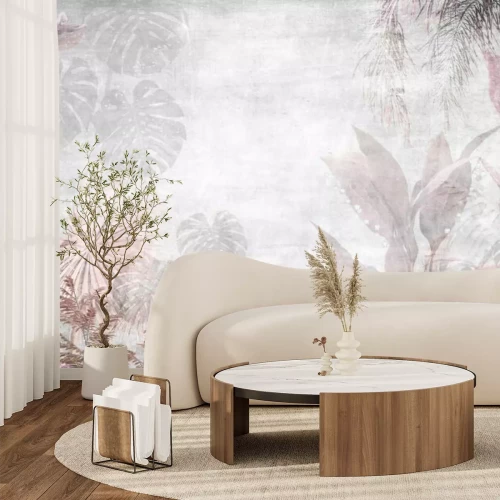 Papier peint  Plantes tropicales roses et grises sur fond de béton