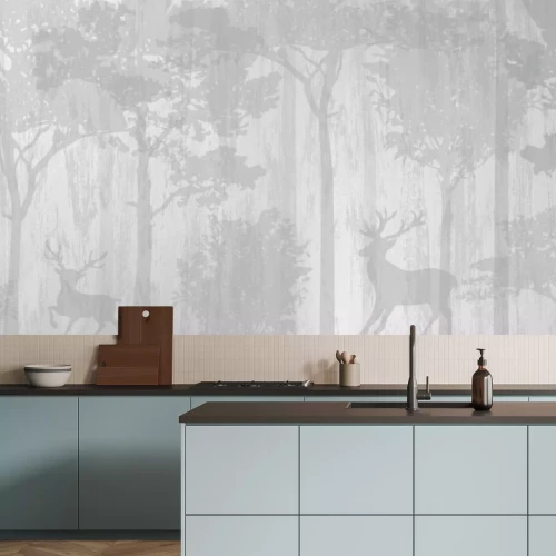 Papier peint  Forêt grise avec des cerfs et des arbres