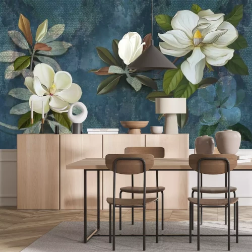 Papier peint  Wall mural, wallpaper, postcard, flowers on a dark background, magnolia, jasmine, leaves. Painted flowers.