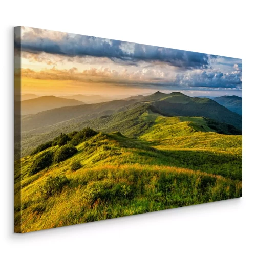 Tableau  Beautiful summer mountain landscape. Green meadow and the blue sky. Polonina Wetlinska, Bieszczady, Carpathians, Poland.