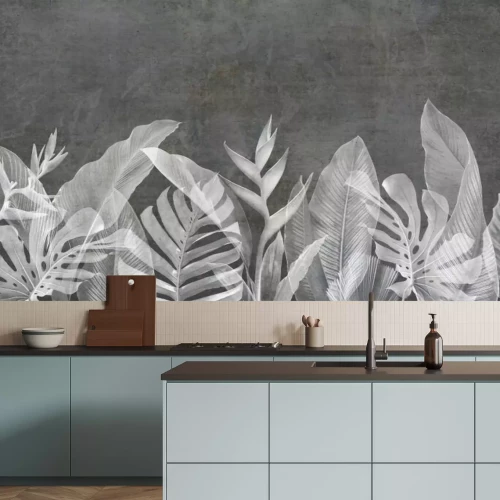 Papier peint  Grunge wallpaper with leafs and plants on concrete background. Design for wallpaper, photo wallpaper, fresco, mural and other.